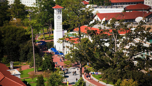 aerial shot of cox hall with red roofs